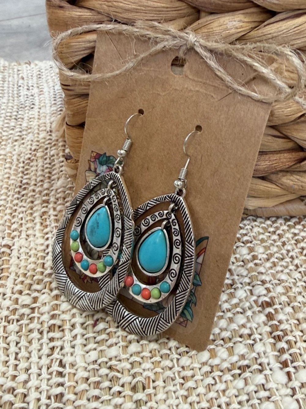 Boho Teardrop Turquoise Multicolor Stone Dangle Earrings - Picture 2 of 10